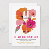 花びらとプロセッコブライダルシャワーブラック 招待状 (正面/裏面)