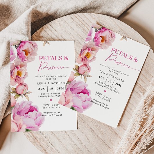 花びらとプロセッコブライトピンクブライダルシャワー 招待状