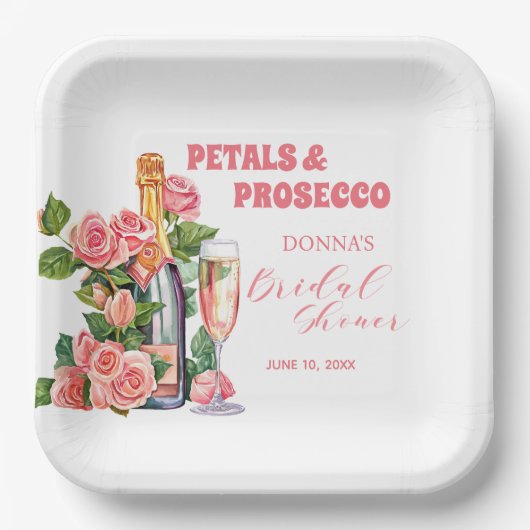 花びらとプロセッコボトルとバラブライダルシャワー ペーパープレート (正面)