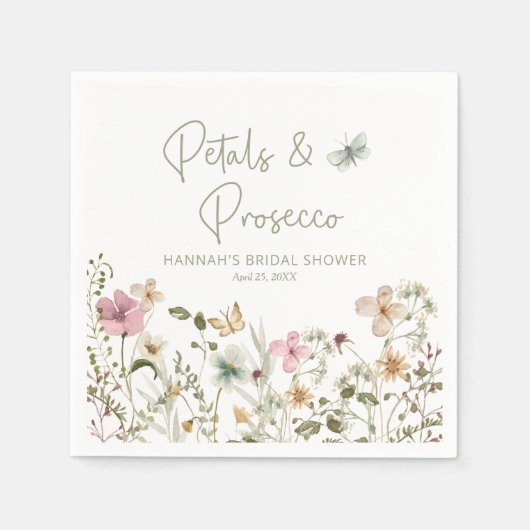 花びらとプロセッコワイルドフラワーブライダルシャワー スタンダードカクテルナプキン (正面)