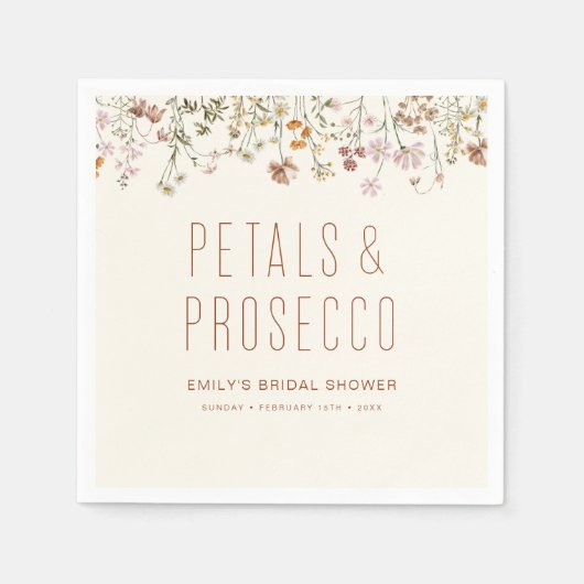 花びらとプロセッコワイルドフラワーブライダルシャワー スタンダードカクテルナプキン (正面)
