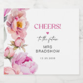 花びらとプロセッコ明るいピンク色の牡丹ブライダル スパークリングワインラベル (シングルラベル)