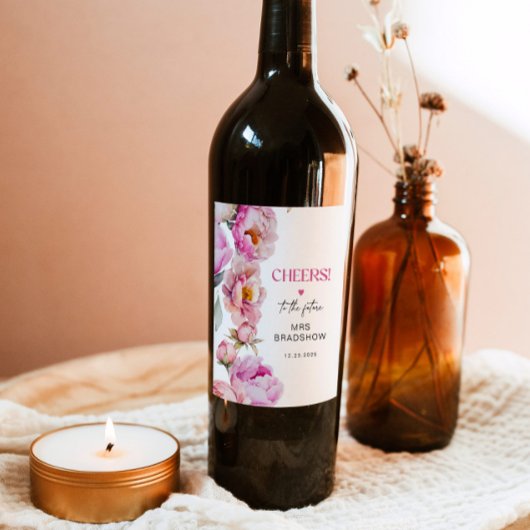 花びらとプロセッコ明るいピンク色の牡丹ブライダル ワインラベル