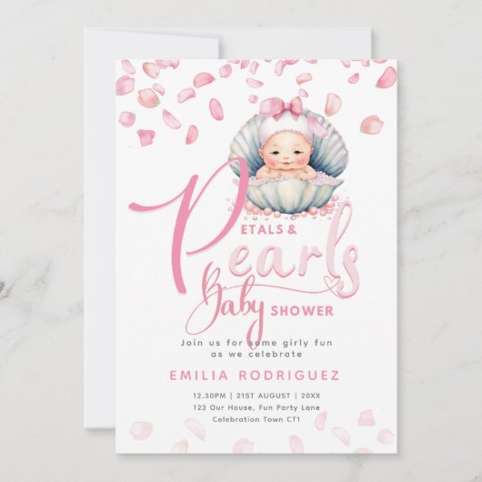 花びらと真珠ピンクベビーガールシャワー 招待状 (正面)