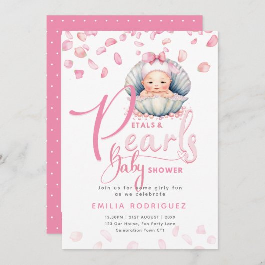花びらと真珠ピンクベビーガールシャワー 招待状 (正面/裏面)