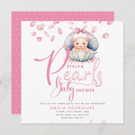 花びらと真珠ピンクベビーガールシャワー 招待状 (正面/裏面)