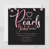 花びらとPEARLSピンクブラックシックブライダルシャワー 招待状 (正面)