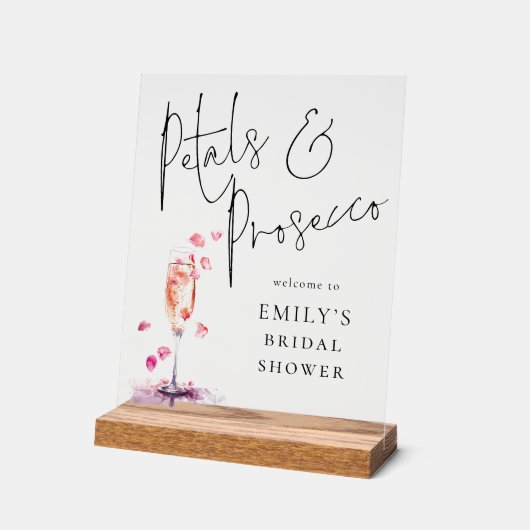 花びらとProseccoへようこそブライダルシャワー アクリルサイン (傾斜)