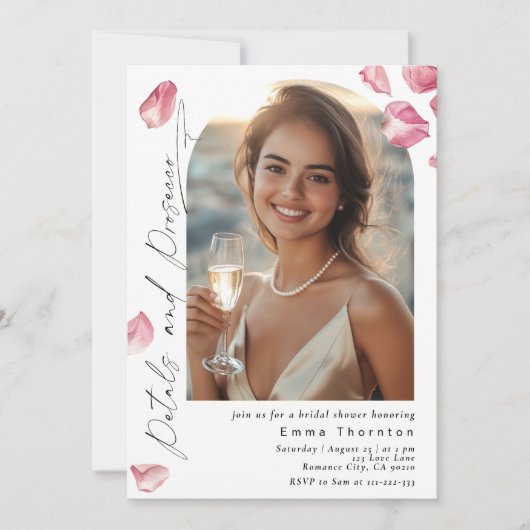 花びらとProseccoミニマリスト写真ブライダルシャワー 招待状 (正面)