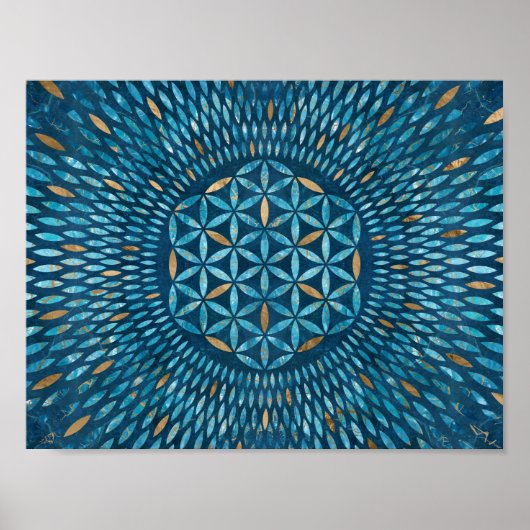 花びらの花 – 青い大理石と金ゴールド ポスター (正面)