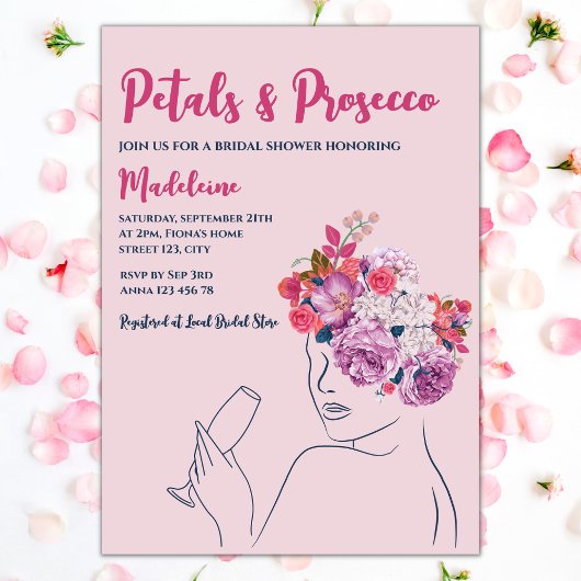 花びらアンドプロセッコピンクフローラブライダルシャワー 招待状