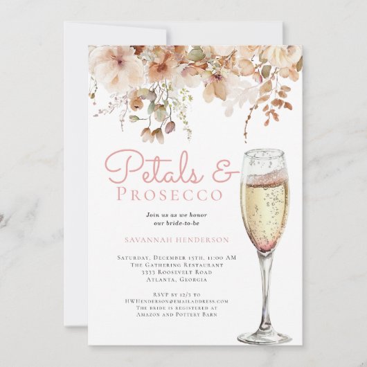 花びらエレガントとプロセッコフローラブライダルシャワー 招待状 (正面)