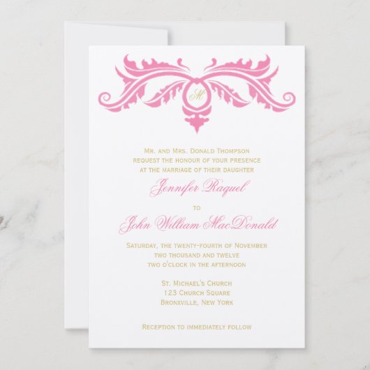 花びらピンクと金ゴールドスクロールアイボリー感じ紙 招待状 (正面)