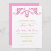 花びらピンクと金ゴールドスクロールアイボリー感じ紙 招待状 (正面/裏面)