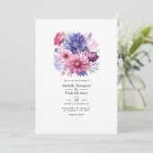 花びらピンク、コーンフラワーブルー&モーヴフローラ結婚ズ 招待状 (スタンド正面)