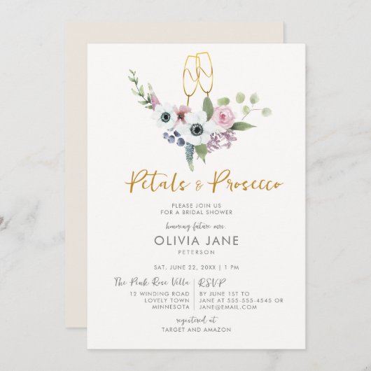 花びらプロセッコアネモネス金ゴールドバブリーブライダルシャワー 招待状 (正面/裏面)