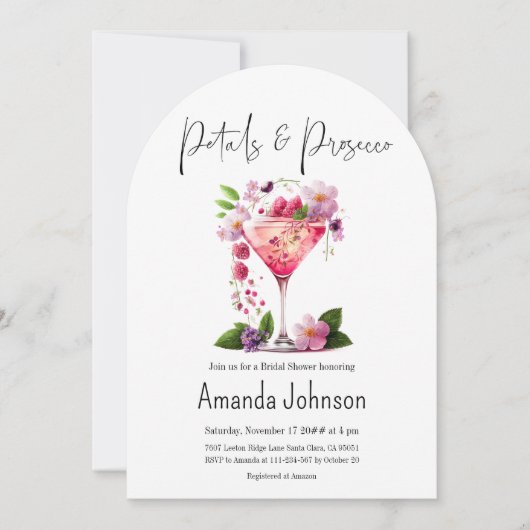 花びらプロセッコ赤面ピンクフローラブライダルシャワー 招待状 (正面)