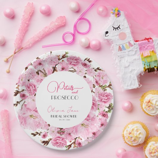 花びら&プロセッコウォーターカラーピンクホワイトフローラアーチ ペーパープレート (パーティー)