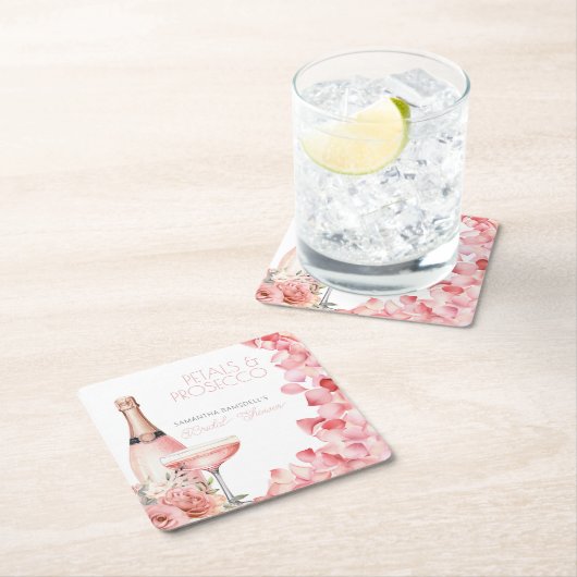 花びら&プロセッコピンクブライダルシャワー スクエアペーパーコースター (インサイチュ)