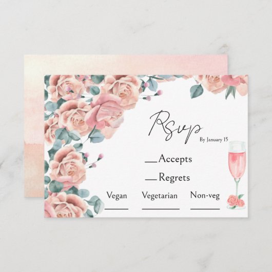 花びら&プロセッコブライダルシャワー食事の選択&rsvp エンクロージャーカード (正面/裏面)
