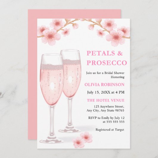 花びら&プロセッコ赤面ピンクフローラブライダルシャワー 招待状 (正面/裏面)