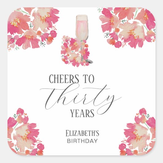 花びら&プロセッコ30th誕生日フローラピンクシック スクエアシール (正面)