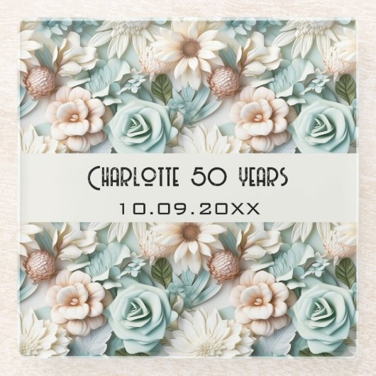 花ほこりっぽい緑のクリームの誕生日の名前 ガラスコースター (正面)