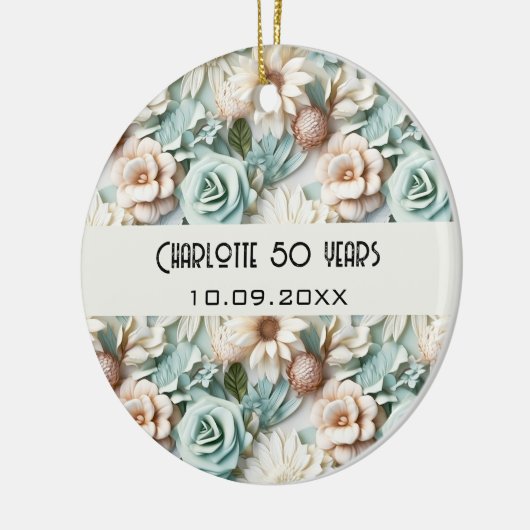 花ほこりっぽい緑のクリームの誕生日の名前 セラミックオーナメント (左)