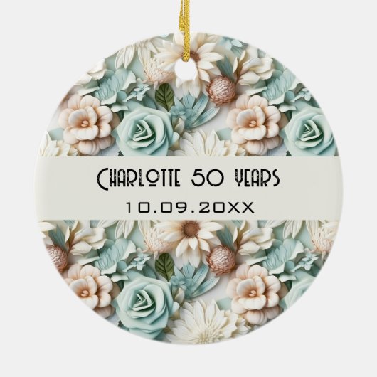 花ほこりっぽい緑のクリームの誕生日の名前 セラミックオーナメント (裏面)