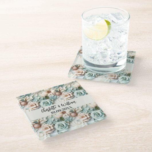 花ほこりっぽい緑のクリーム結婚の名前 ガラスコースター (アングル)