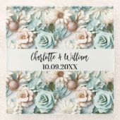 花ほこりっぽい緑のクリーム結婚の名前 ガラスコースター (正面)