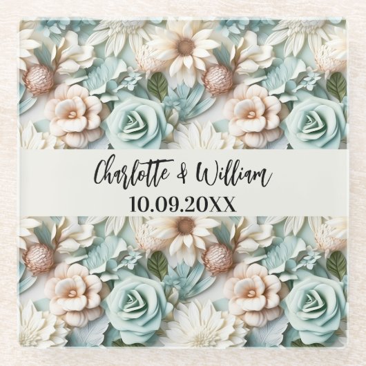 花ほこりっぽい緑のクリーム結婚の名前 ガラスコースター (正面)