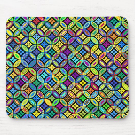 花や円が描かれた虹色の壁紙 マウスパッド (正面)