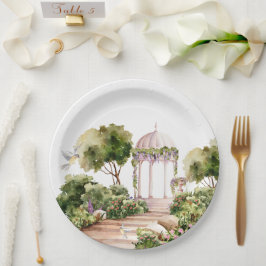 花や植物が咲くおとぎ話の庭のガゼボ ペーパープレート