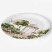 花や植物が咲くおとぎ話の庭のガゼボ ペーパープレート (アングル)