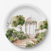 花や植物が咲くおとぎ話の庭のガゼボ ペーパープレート (正面)