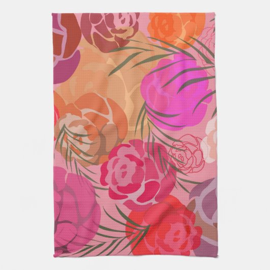 花や植物のピンクの模様 キッチンタオル (縦)