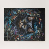 花や花の渦巻きの後ろの黒い葉猫 ジグソーパズル (横)