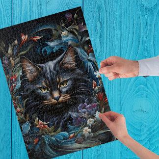 花や花の渦巻きの後ろの黒い葉猫 ジグソーパズル