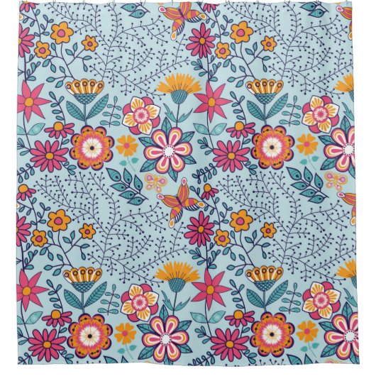 花や蝶などのシームレスなテクスチャ。終了 シャワーカーテン (正面)