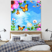 花や蝶の模様 キャンバスプリント (インサイチュ (寝室))
