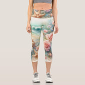 花や貝類の水彩をパステル色で表現 カプリレギンス (正面)