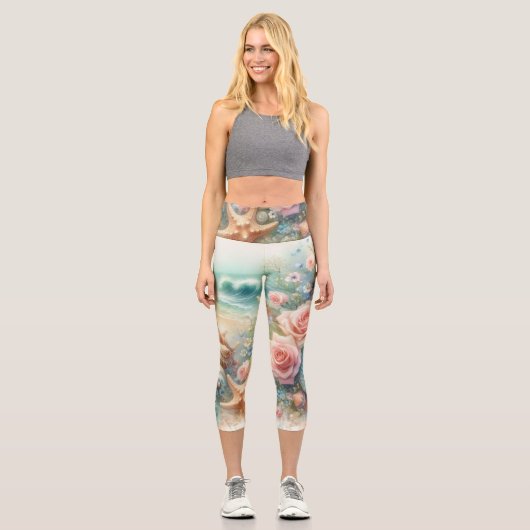 花や貝類の水彩をパステル色で表現 カプリレギンス (正面)