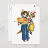 花や贈り物を持つ雌猫 ポストカード (正面/裏面)