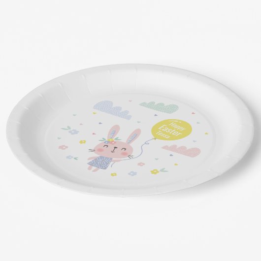 花や雲、風船が咲き誇る可愛いイースターバニー ペーパープレート (アングル)