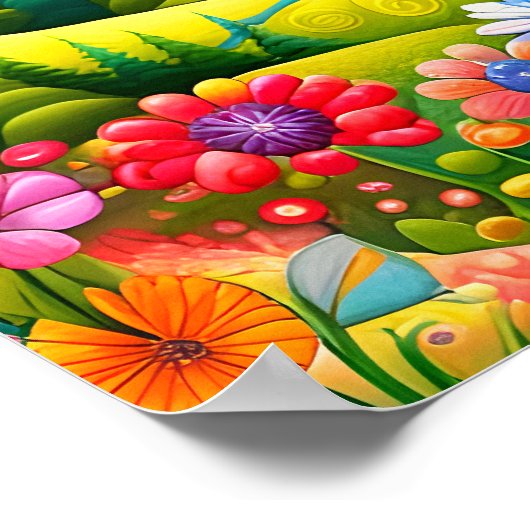 花よくはしゃぐと渓流のある草地 ポスター (角)