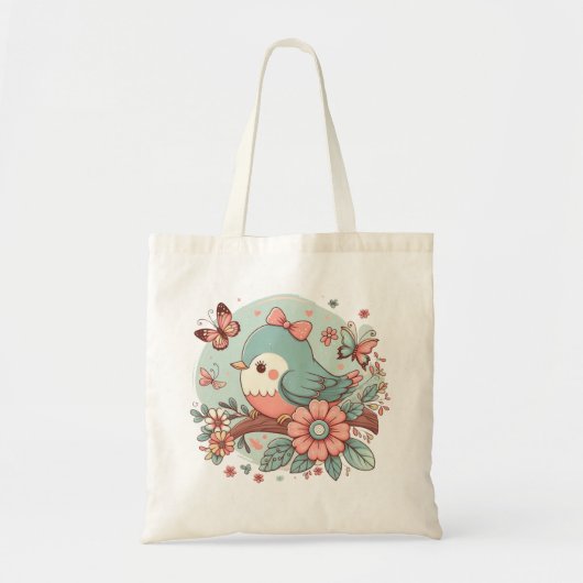 花よくはしゃぐと蝶を持つ青い鳥 トートバッグ (正面)