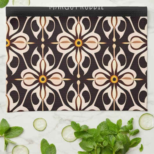 花ろうけつ染めイエローベージュフローラルパターン キッチンタオル (折り畳み)