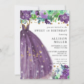花をあしらったおしゃれな紫と金のグリッターディス Sweet 16 招待状 (正面)