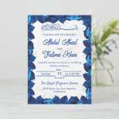 花をあしらったネイビーブルーとホワイトの大理石のムスリムの結婚式 招待状 (スタンド正面)